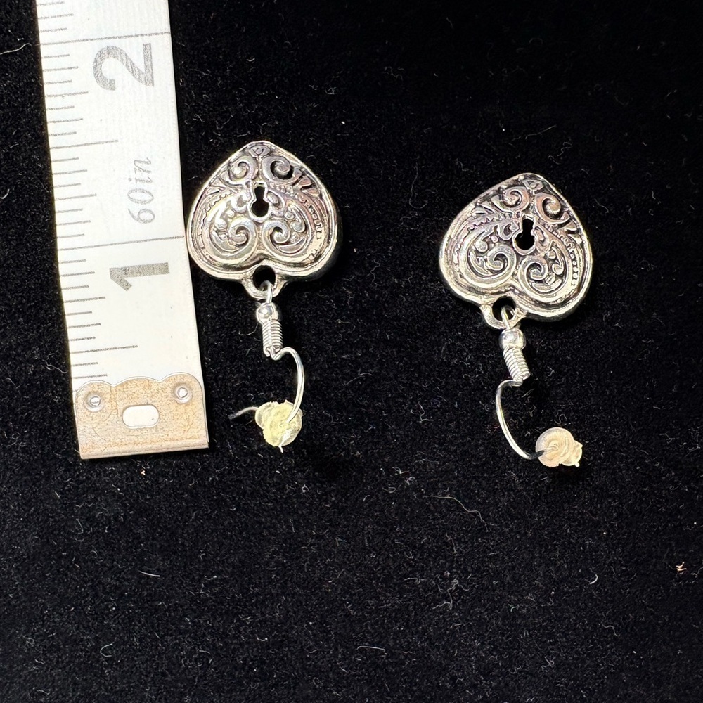 Silver Tone Heart Lock Dangle Earrings - Picture 6 of 6